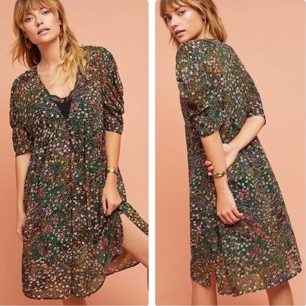 Anthropologie Akemi + Kim Valencia Black Floral Sheer Ruched Dress Kimono Sz S